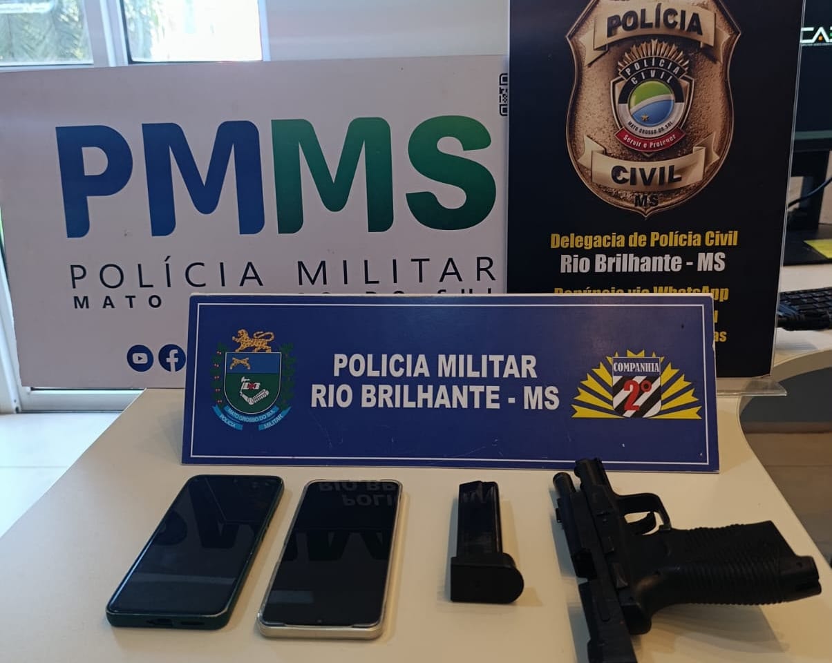 Rio Brilhante: Ação conjunta entre Polícia Militar e Polícia Civil prende dois indivíduos e apreende pistola 9 milímetros