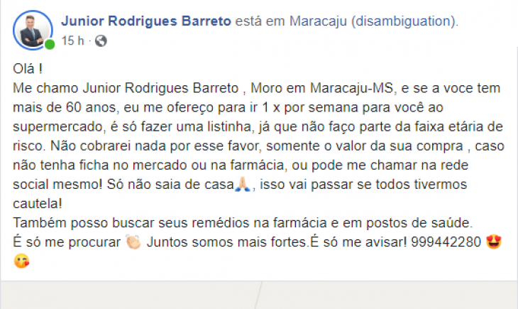 Internautas de Maracaju e de todo o estado fazem postagens de ajuda para idosos com mais de 60 anos e integrantes do grupo de risco do Coronavírus. Entenda.